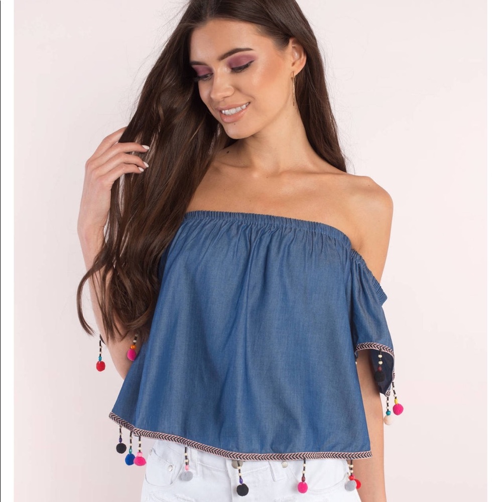 Tobi Denim Off the Shoulder Pom Pom Top